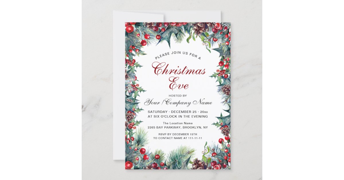 Pine Cones Holly Wreath Christmas Eve Party Invitation | Zazzle