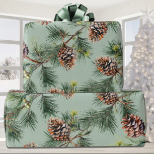 Pine Cones Laden White Pine Garlands Sage Green Wrapping Paper