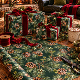 Pine Cones Laden White Pine Garlands Wrapping Paper