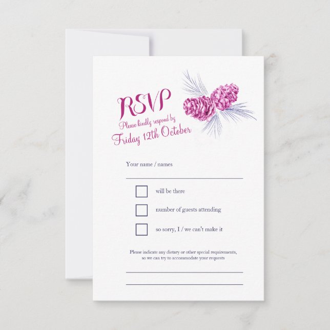 Pine cones navy and plum wedding RSVP Card (Front)