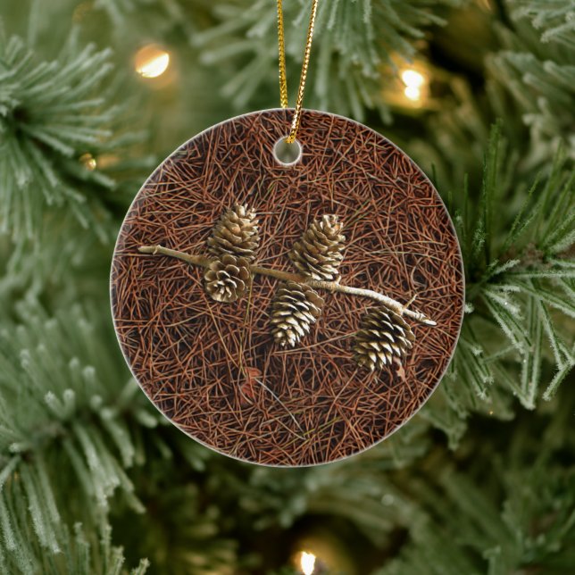 Pine Cones On Fallen Needles Ceramic Ornament (Tree)