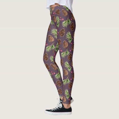 Pine Cones Pine Branches and Berries Pattern Leggings