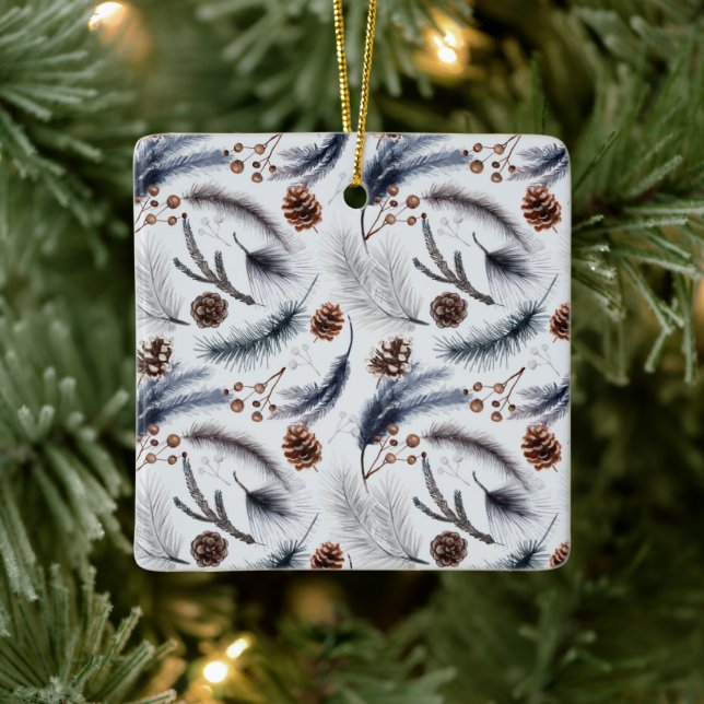 Pine Cones & Pine Needles Christmas Pattern Ceramic Ornament (Tree)