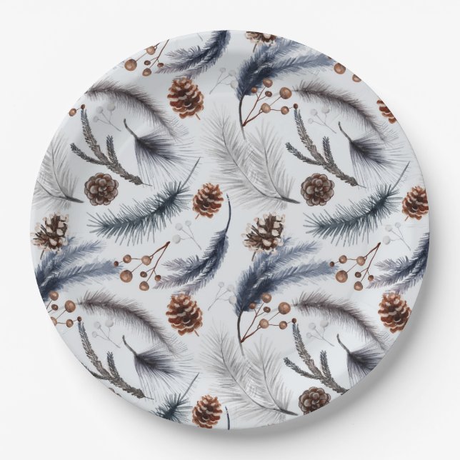 Pine Cones & Pine Needles Christmas Pattern Paper Plates (Front)