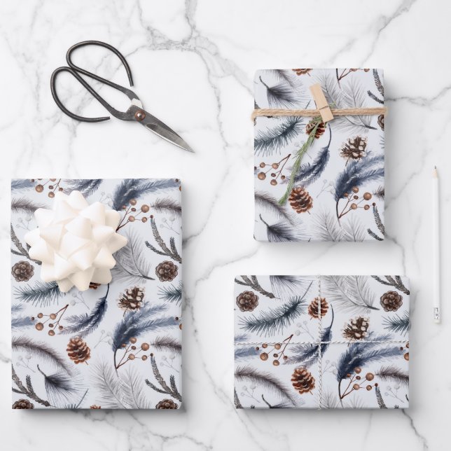 Pine Cones & Pine Needles Christmas Pattern Wrapping Paper Sheets (Front)