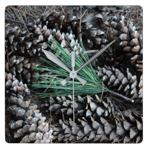 Pine Cones &amp; Pine Needles Square Wall Clock