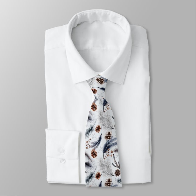 Pine Cones & Pine Needles Watercolor Pattern Neck Tie (Tied)