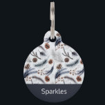 Pine Cones & Pine Needles Watercolor Pattern Pet ID Tag<br><div class="desc">Personalized pet tag with a beautiful pattern. Pine cones,  feathers,  pine needles and berry sprigs. Rustic watercolor design. Dark blue border along the bottom with your personalized text inside.</div>