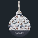 Pine Cones & Pine Needles Watercolor Pattern Pet ID Tag<br><div class="desc">Personalized pet tag with a beautiful pattern. Pine cones,  feathers,  pine needles and berry sprigs. Rustic watercolor design. Dark blue border along the bottom with your personalized text inside.</div>