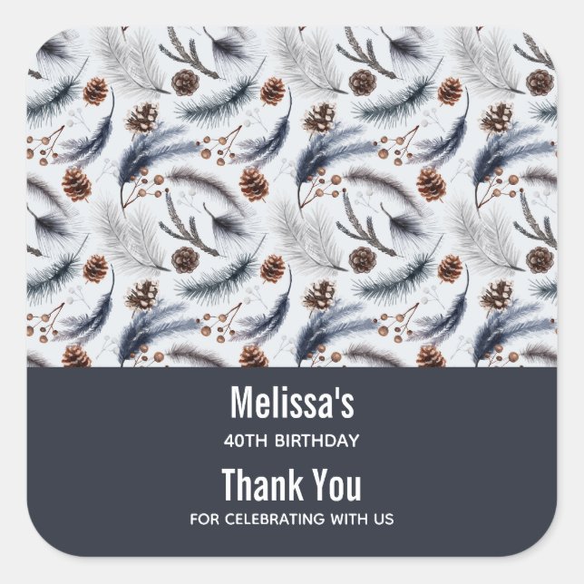 Pine Cones & Pine Needles Winter Pattern Favor Square Sticker (Front)