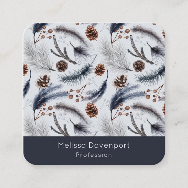 Pine Cones & Pine Needles Winter Pattern Square Business Card (Front)