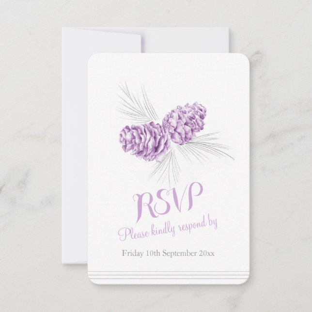 Pine cones purple wedding RSVP Card (Front)