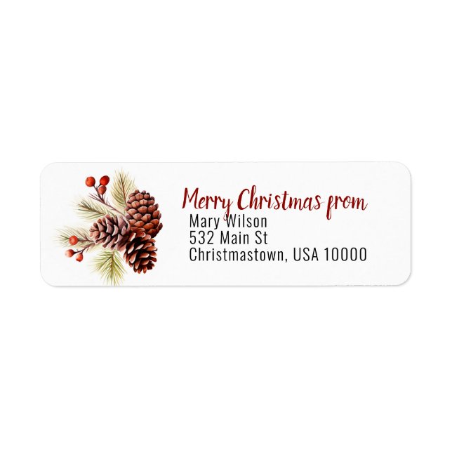 Pine Cones & Red Berries, Christmas on White Label (Front)