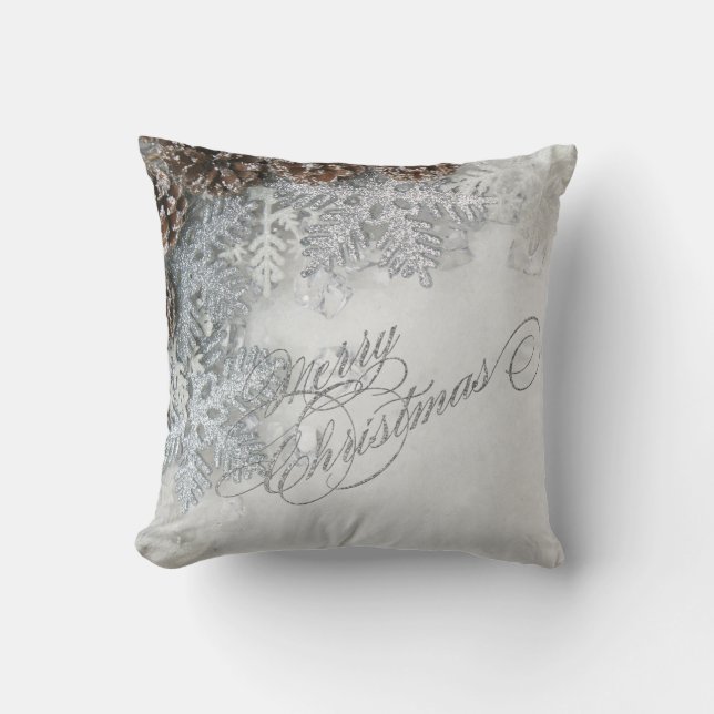 Pine Cones, Snowflakes Merry Christmas Throw Pillow (Front)
