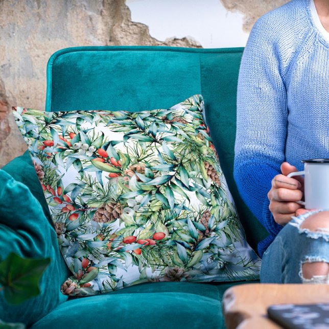 Pine Cones Winter Berries Festive Holiday Floral Throw Pillow (Creator Uploaded)