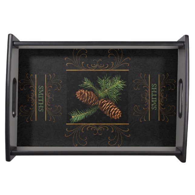 Pine Cones with Deep Charcoal Theme Serving Tray (Front)