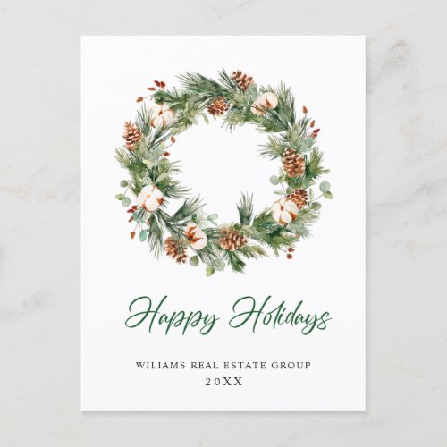 Pine Cones Wreath Christmas Greeting Corporate Holiday Postcard