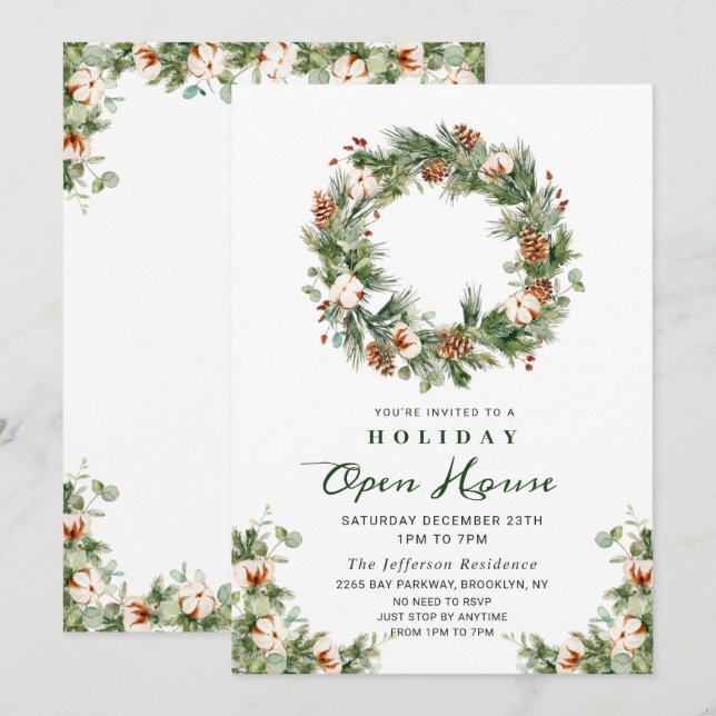 Pine Cones Wreath CHRISTMAS Holiday Open House Invitation (Front/Back)