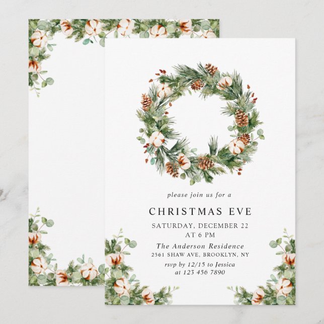 Pine Cones Wreath Holiday CHRISTMAS EVE Party Invitation (Front/Back)