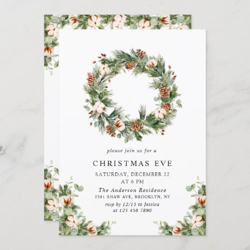 Pine Cones Wreath Holiday CHRISTMAS EVE Party Invitation