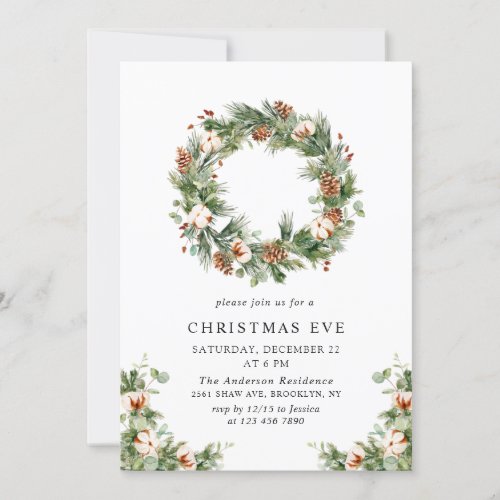 Pine Cones Wreath Holiday CHRISTMAS EVE Party Invitation