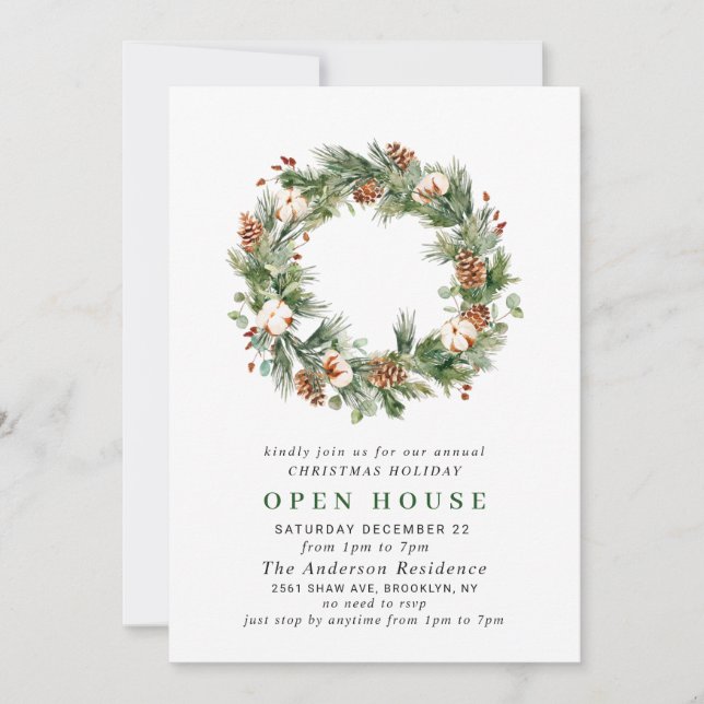 Pine Cones Wreath Holiday CHRISTMAS OPEN HOUSE Invitation (Front)