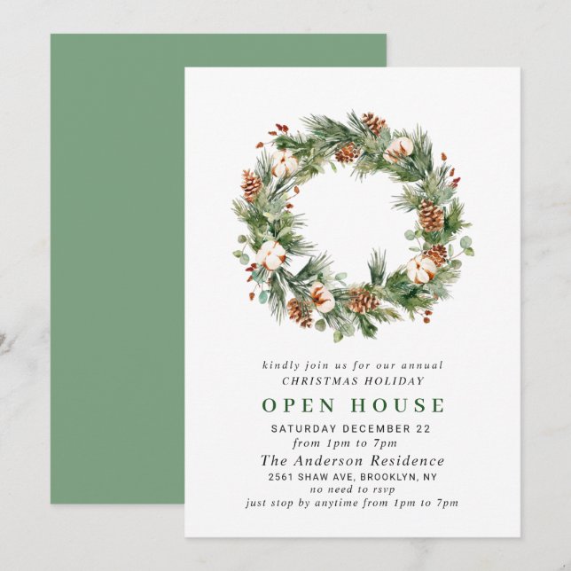 Pine Cones Wreath Holiday CHRISTMAS OPEN HOUSE Invitation (Front/Back)