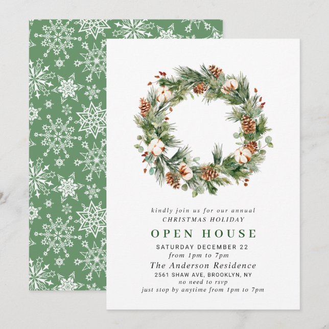Pine Cones Wreath Holiday CHRISTMAS OPEN HOUSE Invitation (Front/Back)