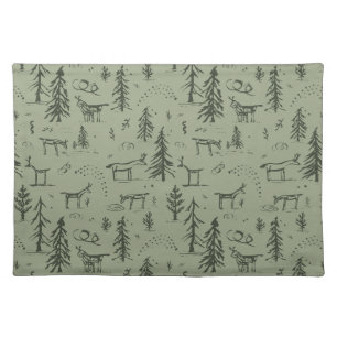 Pine Deer Lake Life - sage green woodland pattern. Cloth Placemat