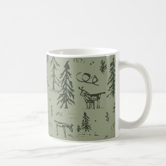 Pine Deer Lake Life - sage green woodland pattern. Coffee Mug (Right)