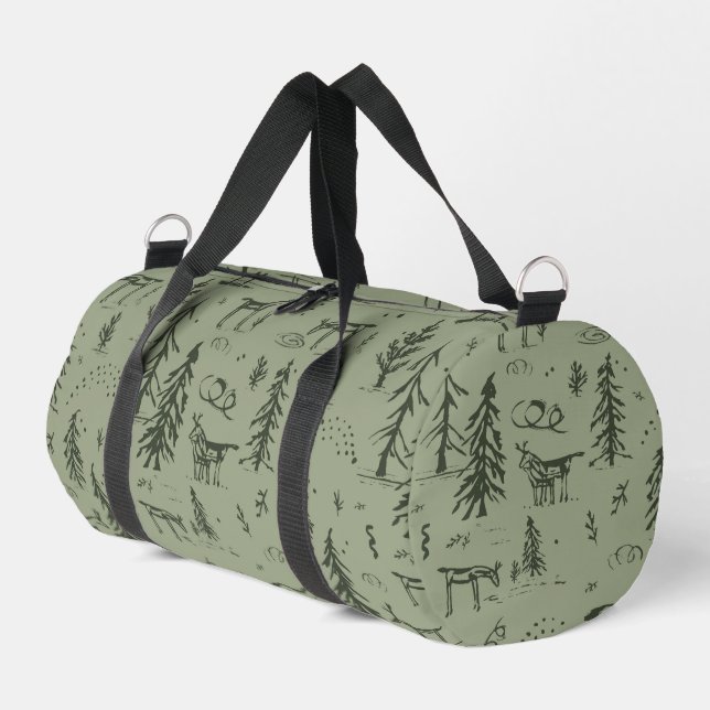 Pine Deer Lake Life - sage green woodland pattern. Duffle Bag (Left Corner)