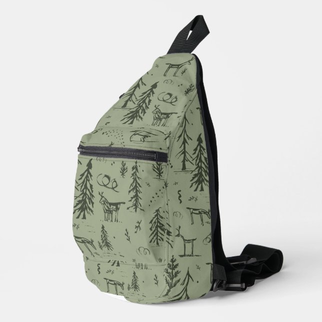Pine Deer Lake Life - sage green woodland pattern. Sling Bag (Right Corner)
