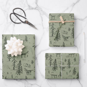 Pine Deer Lake Life - sage green woodland pattern. Wrapping Paper Sheets