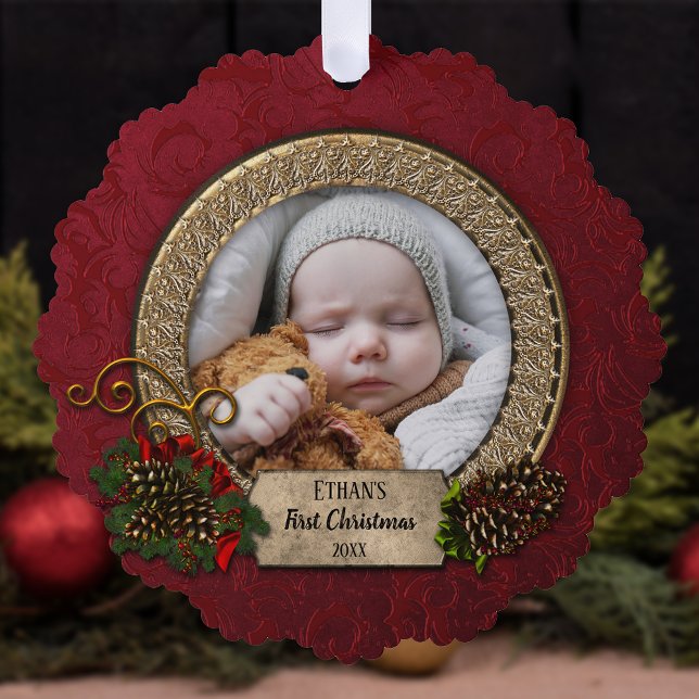 Pine & Elegant Gold Frame First Christmas Photo Ornament Card (Creator Uploaded)