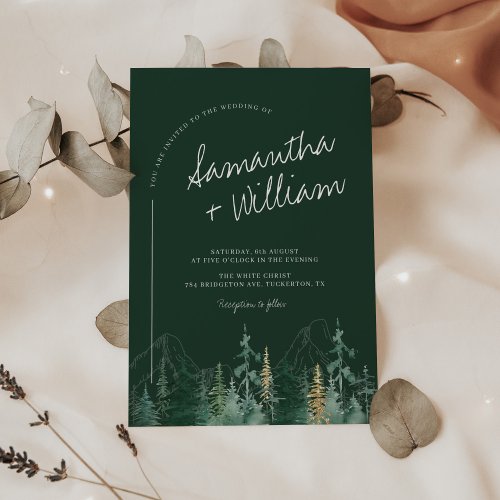 PINE Emerald Green and Gold Mountains Wedding  Invitation