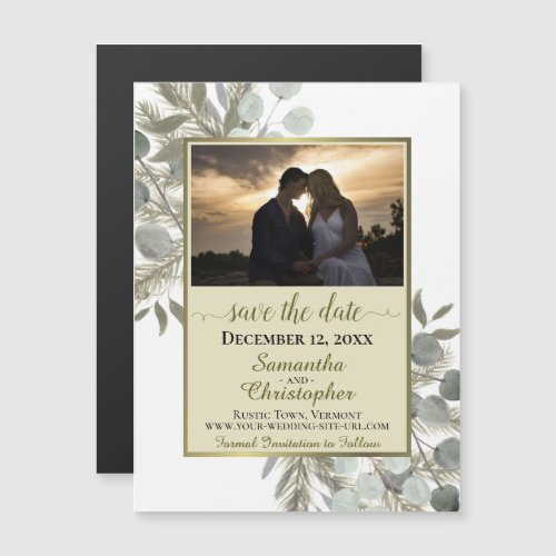 Pine Eucalyptus Wedding Save the Date Photo Gold Magnetic Invitation