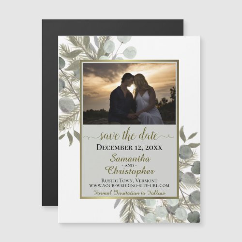 Pine Eucalyptus Wedding Save the Date Photo Gray Magnetic Invitation