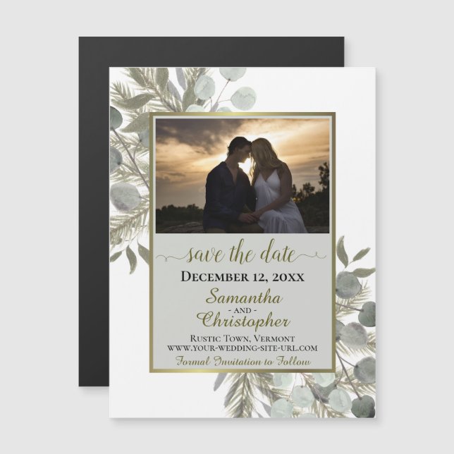 Pine Eucalyptus Wedding Save the Date Photo Gray Magnetic Invitation (Front/Back)
