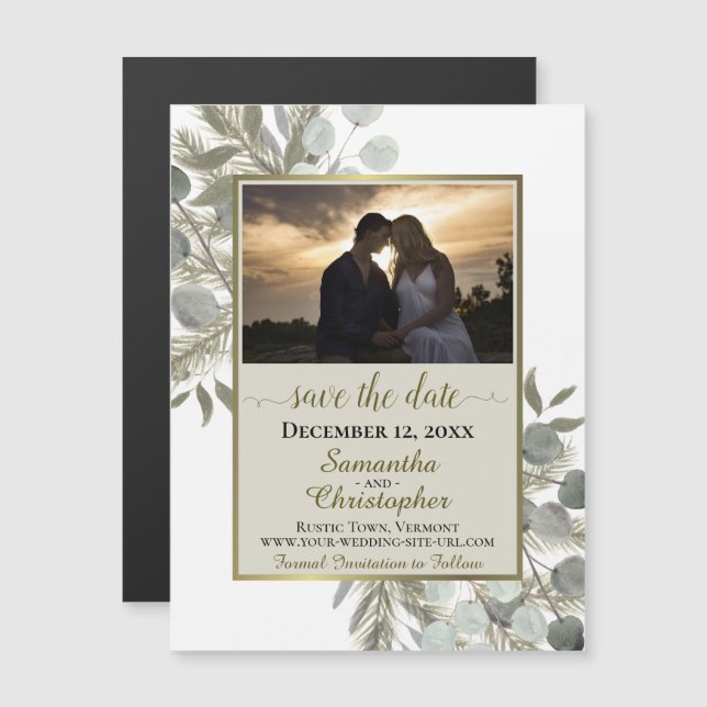 Pine Eucalyptus Wedding Save the Date Photo Tan Magnetic Invitation (Front/Back)