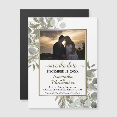 Pine Eucalyptus Wedding Save the Date Photo White Magnetic Invitation