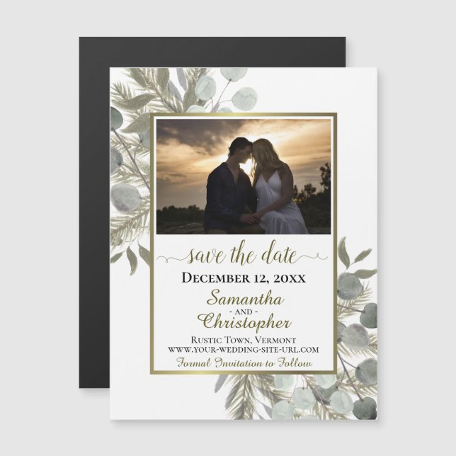 Pine Eucalyptus Wedding Save the Date Photo White Magnetic Invitation (Front/Back)