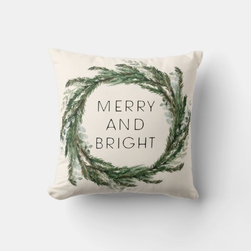 Pine Eucalyptus Wreath Merry and Bright Christmas Throw Pillow