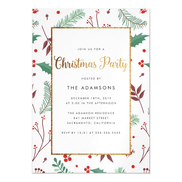 Pine, Fir & Holly | Gold Glitter Christmas Party Magnetic Invitation