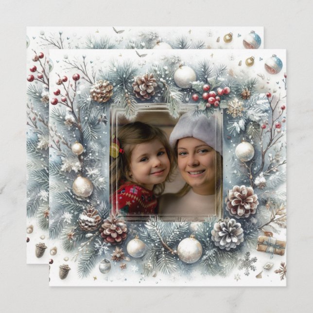 Pine Floral Ornaments Photo Christmas Holiday Card (Front/Back)