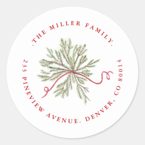 Pine Foliage with Ribbon Holiday Address  Classic Round Sticker