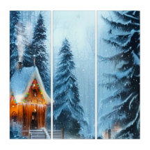 Pine Forest and Cabin Three Panel Canvas Triptych