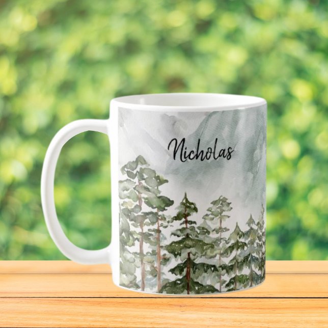 Pine Forest and Mountains Coffee Mug (Close up, On the table)