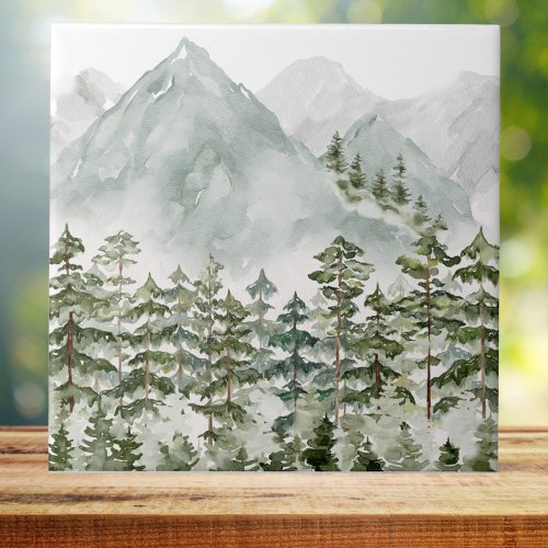 Pine Forest and Mountains Watercolor Ceramic Tile