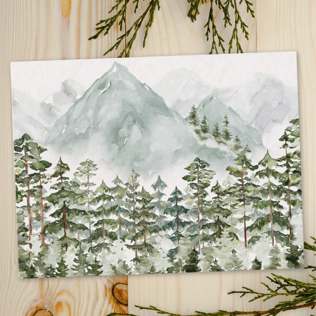 Pine Forest and Mountains Watercolor Postcard (Close up)