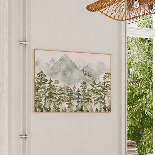 Pine Forest and Mountains Watercolor Poster